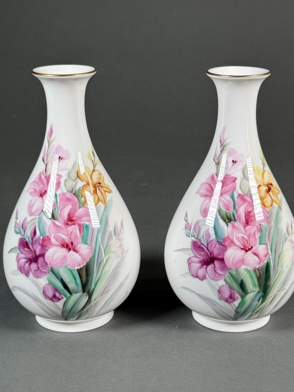 Pair Vintage Noritake Bone China Vases Hand Painte Gladiolus Flowers Signed Seho